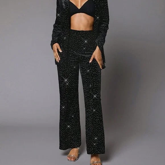 Black Party Womens Rhinestone Detail Velvet Blazer - Picture 5 of 5